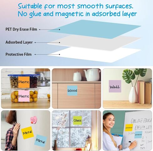 Reusable Dry Erase Sticky Notes, Dry Erase Stickers Labels, 12 PCS 3"x3" Removable Whiteboard Stickers for Storage Bins, Waterproof Name Tags for All Smooth Surface, No Glue, No Magnetic in Kuwait