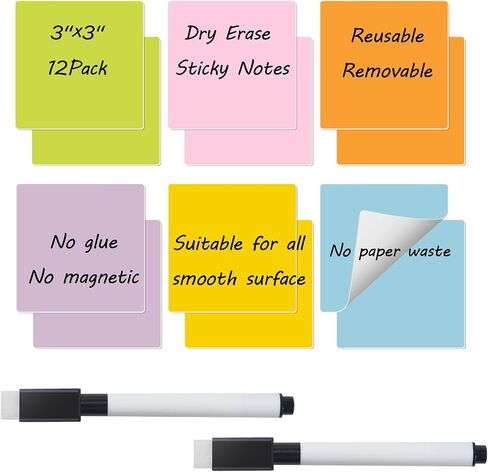 Reusable Dry Erase Sticky Notes, Dry Erase Stickers Labels, 12 PCS 3"x3" Removable Whiteboard Stickers for Storage Bins, Waterproof Name Tags for All Smooth Surface, No Glue, No Magnetic in Kuwait