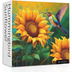 Sunflower Hummingbird Puzzles for Adults 1000 Pieces, Bird Flower Art Jigsaw Puzzles, Colorful Challenge Sunflower Plant Puzzle as Hummingbird Decor