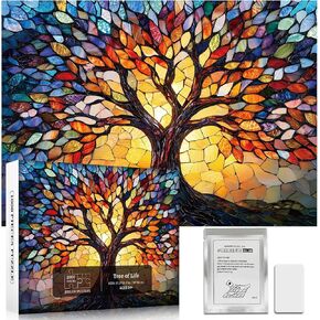 Stained Glass Puzzles for Adults 1000 Pieces - Mosaic Tree of Life Jigsaw Puzzles with Puzzle Glue, Colorful Difficult Jigsaw Puzzles, Challenging and Fun Hard Puzzle for Adults