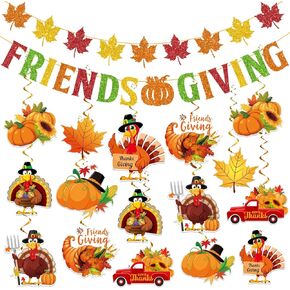 Friendsgiving Decorations, Happy Friendsgiving Banner With 1pc Friendsgiving Banner and 16pcs Friendsgiving Hanging Decorations, Friendsgiving Party Decorations