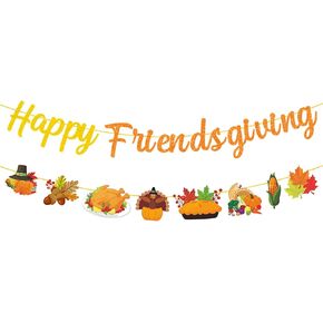 Glittery Happy Friendsgiving Banner Thanksgiving Banner Garland with Maple Leaves Turkey Pumpkin Signs for Fall Thanksgiving Day Party Decorations Friendsgiving Home Party Supplies