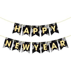 YQUQWN Happy New Year 2025 Banner-10 Feet Black & Gold Paper Flag, No DIY -Disco Style Happy New Year Decorations 2025 Happy New Year Sign Party Supplies NYE Decorations New Years Backdrop Props