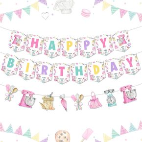 Kreatwow Baking Birthday Banner Decorations Watercolor Baking Happy Birthday Banner Baking Theme Garland Bakery Chef Birthday Decor Hanging Wall Banner for Little Bakers Girls Kids Birthday