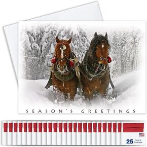 Season’s Greetings Cards for Business & Family (Majestic Horses in Snow) Bulk Greeting Card Set Pack of 25 Christmas Cards with Envelopes (5x7 inch A7) Great for Office, Work Employees & Clients H7054