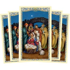 Needzo Christmas Blessing Cards Religious Gifts, Nativity Holiday Greeting Holy Card with Full Color Manger Scene and Luke 2:10-14 Bible Verse, 2 x 4 inches, Pack of 5