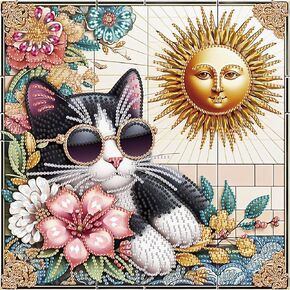 Sanjee 5D Special Shape Diamond Art Kits for Beginners, Sunbathing Cat Diamond Painting Kits for Adults, Crystal Rhinestones Diamond Painting for Home Wall Decoration Gift, 12×12inch