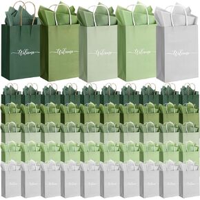 Kolldenn 50 Set Sage Green Wedding Welcome Bags Bulk with Handle and Tissue Paper 8.6"x5.9"x3.2" Paper Church Visitors Welcome Kraft Gift Bag for Guests Birthday Baby Shower Bridal Party Retail Hotel