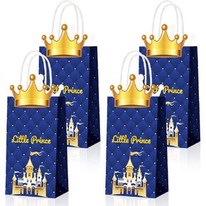 16 Pack Prince Party Favors Bags Prince Theme Charming Party Bags Glitter Crown Party Bag Treat Goody Gift Paper Kraft Wrap Bags with Handle for Prince Theme Birthday Baby Shower Party Favor Supplies