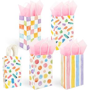 36 Pack Small Pastel Rainbow Gift Bags (Polka Dots & Stripes) 9x5.5x3.15 Inch and 36 Pink Tissue Paper for Birthday Party Favors, Weddings, Baby Bridal Showers (4 Watercolor Designs Assorted)