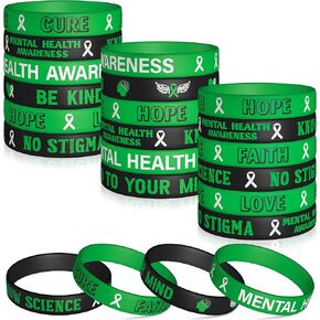 WATINC Mental Health Awareness Silicone Bracelets Set,Mental Health Hope Green Ribbons Rubber Stretch Wristbands, Motivational Rubber Bracelet with Inspirational Message for Men Women Teens (120Pcs)