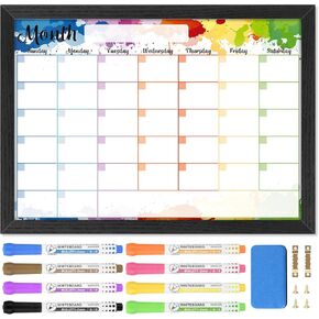 Monthly Calendar Dry Erase Whiteboard for Wall 17 x 13 inch Magnetic Dry Erase Calendar White Planner Board Set with 8 Markers, 1 Eraser, Solid Wood Frame Hanging Board for Home Office School Kitchen