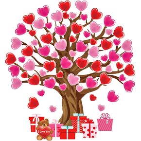 Whaline 102Pcs Valentine's Day Classroom Tree Bulletin Board Set Heart Bear Gift Shape Mixed Cutouts Cute Sweet Desgin Paper Cutting with 200Pcs Glue Points for School Chalkboard Wall Home Decor