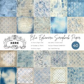 XERE 40 Sheets Scrapbook Paper, 6x6 Ephemera Pattern Paper Pack for Journaling Notebooks, Sketchbook, Bookmark Making, Junk Journal, Scrapbook Art Supplies (Blue)