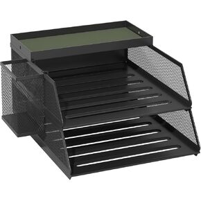 3-Tier Desk Organizer Paper Tray,Paper Tray Organizer for Desk with Storage Tray and Hanging Pen Holder,Metal Stackable Desk Organizer for Stationery,Pen,File(Black)