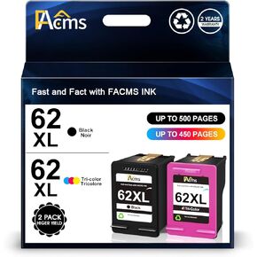 62XL Ink Cartridges Black and Color Combo Pack Remanufactured for HP Ink 62 62 XL 62XL for Envy 7640 5660 5540 5640 5642 7645 Officejet 5740 5741 8040 OfficeJet 200 250 Printer (1 Black 1 Tri-Color)