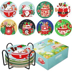 Christmas Diamond Painting Art Coasters - 8 Pcs Diamond Painting Coasters Kits with Holder, 5D DIY Diamond Painting Christmas Elements for Adults Art Craft Supplies