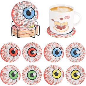 8 Pcs Evil Eye Diamond Painting Coasters Kits-Colorful Eyeballs Diamond Art Coasters with Holder -Diamond Art Kits for Adults Diamond Dots for Home Desk Decor Gift