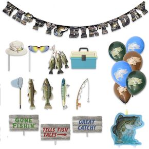 Havercamp’s Trademarked Gone Fishin’ Birthday Party Decorations; Kit Includes 1 Happy Birthday Banner, 1 Cake Topper Candle, 12 Fun Photo Props and 6 Latex Balloons