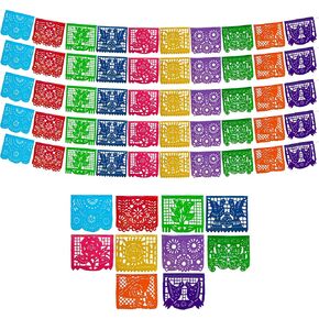 Mexican Party Banners (5 Pack with 10 Plastic Flags per Banner) - Papel Picado Mexicano Para Fiesta - Plastic Papel Picado - Fiesta Themed Party Decorations - Mexican Decor