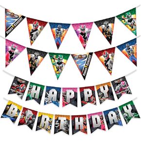 Treasures Gifted Officially Licensed Power Rangers Birthday Decorations - (1) Happy Birthday Banner & (2) Triangle Pennants - Power Rangers Party Supplies - Set of 3 Pre-strung Banners