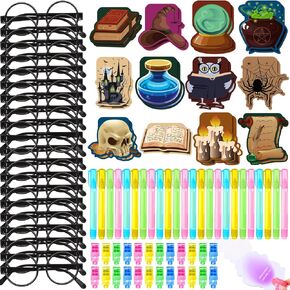 Qilery 96 Pcs Magical Wizard School Party Favors Supplies with Invisible Ink Pen Mini Notebook Black Glasses Frame Finger Light Party Favor Stationery for Witch Themed Goody Bag Stuffer Class Prize