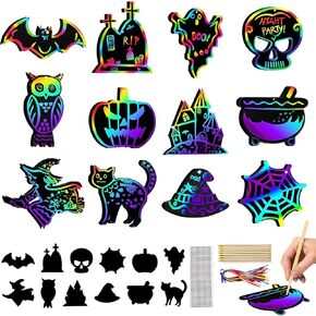 Hiawbon 96PCS Halloween Scratch Paper Art Kit, Halloween Crafts Scratch Paper, 12 Designs Rainbow Scratch Paper Off Cards Set, Scratch Art Paper Ornaments for Halloween Birthday Gift
