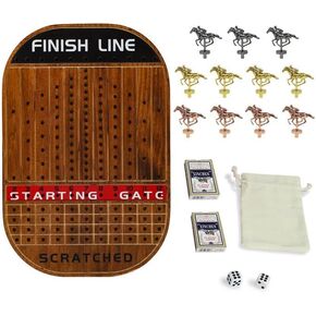 Large 21 Inches Horse Race Board Game Thickened Wood Finish Line Horse Racing Game for Friend's Party Included 11 Metal Horses,2 Dices and 2 Decks of Cards（Oval,Vintage Flame）