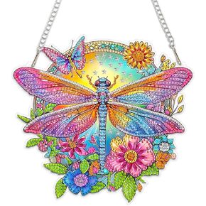 MEIYUDA Diamond Painting Kits, DIY Diamond Art Window Hanging Ornament for Adults, Dragonfly and Flowers Special Shape Rhinestone Pendant, Crystal Gem Art Craft for Home Garden Wall Decor and Presents