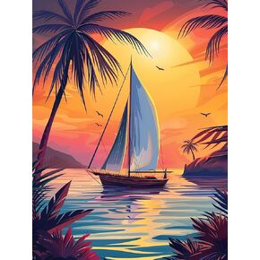 Kaliosy 5D Diamond Art Kits for Adults Sailboat by Number Kits, Diamond Painting Art Sunset Landscape DIY Full Drill Crystal Craft Cross Stitch Embroidery Decoration (12x16 inch) 30x40 cm