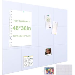 Large Felt Cork Board 47"x35", 12 Pack 11.8"x11.8" Corkboard Wall Tiles, Home Office Felt Bulletin Board for Photos, Notice Pin Board with 60 Push Pins, 60 Safe Removable Adhesive Tabs-Grey