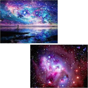 Ginfonr 5D DIY Diamond Art Painting by Number Kits Aurora Stars Full Drill, Starry Sky Paint with Diamonds Art Space Rhinestone Cross Stitch Craft Decor (10x14inch, 2 Pack)