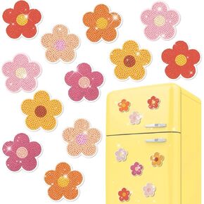 Whaline 12Pcs Retro Groovy Hippie Flower Diamond Drawing Magnets Set DIY Colorful Flowers Rhinestone Painting Full Drill Painting Magnetic Stickers Diamond Art Kits for Beginners Art Craft Supplies