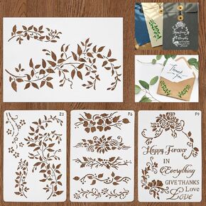 4 PCS Leaf Vine Stencils for Painting on Wood, Reusable A4 Size 11.7" x 8.3" Wall Painting Stencils with 3 PCS 10.24" x 7" Various Ivy Stencil Drawing Template DIY Crafts Drawing Card