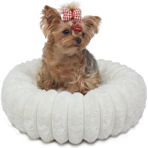 Small Cat Beds for Indoor Cats Washable Round Kitten Beds Cute Pumpkin Shape Comfy Sleeping Bed for Puppy Small Dogs Kitty 19 Inch, Cream