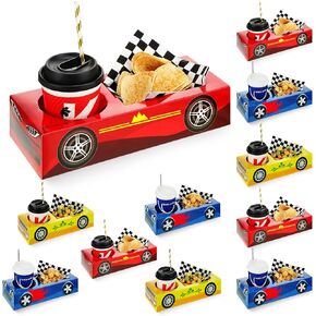 Lincia 12 Pieces Race Car Party Food Boxes Car Birthday Party Supplies Food Trays with Snack and Drinks Boxes and 1 Pack Checkered Napkin for Birthday Race Car Themed Party Supplies (Red,Blue,Yellow)