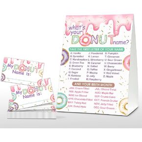 What's Your Donut Name Game - Sweet Donut Birthday Party Games for Adult - Family School Classroom Activity - 1 Standing Sign and 30 Stickers - Adult Doughnut Party Supplies Decorations(09)