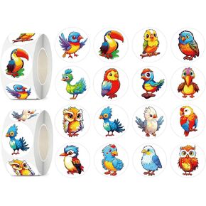 600 Pcs Bird Stickers for Kids- 1.5 Inch Round Stickers Roll 16 Tyles Cute Bird Kindergarten Stickers Teacher Stickers for Kids Birthday Party School Reward Giveaways