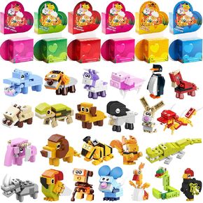 JOYIN 24 Packs Valentines Animal Building Blocks with Hearts Party Favors Boxes for Kids Valentine Classroom Prize Supplies, Classroom Gift Exchange School Rewards