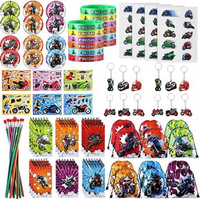 102 Pcs Dirt Bike Party Favors Motorcycle Party Decorations Includes Drawstring Backpacks, Silicone Bracelets, Spiral Notepads, Badges, Keychains, Bendable Pencils, Puzzle Stickers