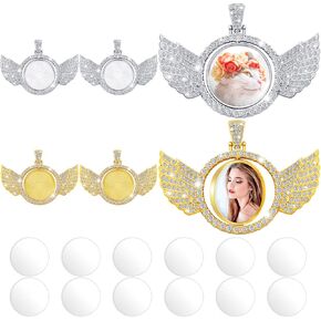 Junkin 18 Pieces Sublimation Rhinestone Wing Bezel Pendant Trays Set Including 6 Double Sided Rhinestone Trays Pendant Charms with 12 Sublimation Blank Discs for Jewelry Making