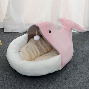 Soft Plush Semi-Enclosed Cat Bed with Teaser, Blue Piggy, Medium