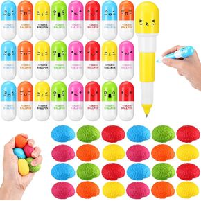 48 Pcs Pill Pens with Brain Stress Balls Set, 24 Cute Retractable Vitamin Pill Pens and 24 PU Foam Brain Stress Relief Balls for Christmas Party Favors Nurse Office Gifts