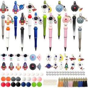 JNwhy Beadable Pens 12 Sets DIY Ballpoint Pens Making Kit with Astronaut Rocket Spaceship Silicone Focal Beads Alloy Pendants Assorted Spacer (Astronautic Theme)