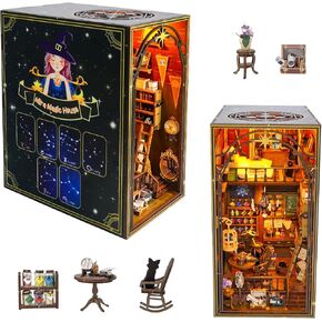 Book Nook Kit ,DIY Miniature Book Nook Kits for Adults, Dollhouse Book Nook with LED Light 3D Wooden Puzzle Miniature House Kits Bookshelf Insert Decor Craft Kits Halloween Christmas Birthday Gifts