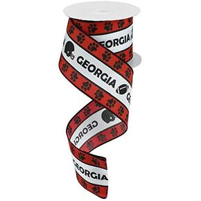 Georgia Print Wired Ribbon Footballs Helmets and Paws for Wreaths Floral Arrangements Gift Wrapping Crafting Red/White/Black, 2.5 Inch x 10 Yards Roll, 1 Roll Per Package