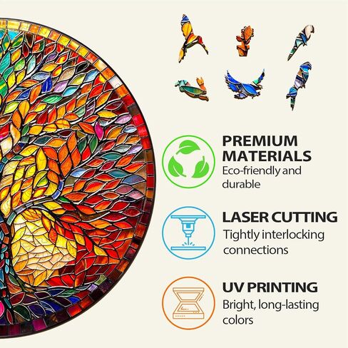 Wooden Puzzles for Adult, Tree of Life Wooden Jigsaw Puzzle, Unique Shape Stained Glass Tree Wood Cut Puzzle with Beautiful Wooden Box, Family Game Puzzle Lovers Gifts (M-11.4 * 11.4in-200pcs) in Kuwait