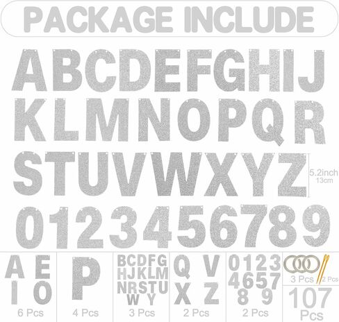 107 Pcs DIY Silver Party Banner, A to Z Letters 0 to 9 Numbers, Customizable Glitter Paper Party Banner Kit for Happy Birthday Party Baby Shower Graduation Christmas Any Partry Decorations Supplies in Saudi Arabia