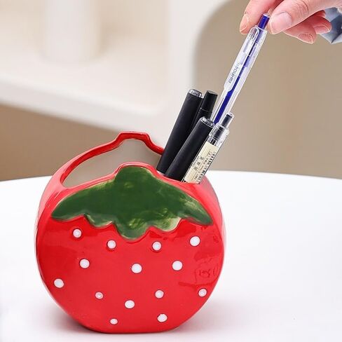 Strawberry Pencil Holder Toothbrush Holder Cute Pen Holder for Desk Organizer Makeup Brush Pencil Cup Kawaii Desk Accessories Aesthetic Office Home Decor Birthday Gifts for Women (Red) in Kuwait