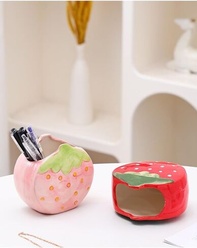Strawberry Pencil Holder Toothbrush Holder Cute Pen Holder for Desk Organizer Makeup Brush Pencil Cup Kawaii Desk Accessories Aesthetic Office Home Decor Birthday Gifts for Women (Red) in Kuwait
